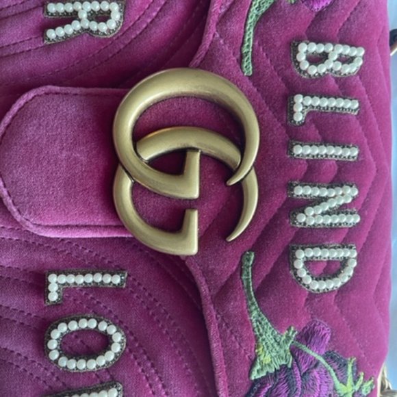 Gucci Blind For Love Pink Rose Velvet Handbag Bag Marmont GG Gold Purse Italy NW - Picture 10 of 15
